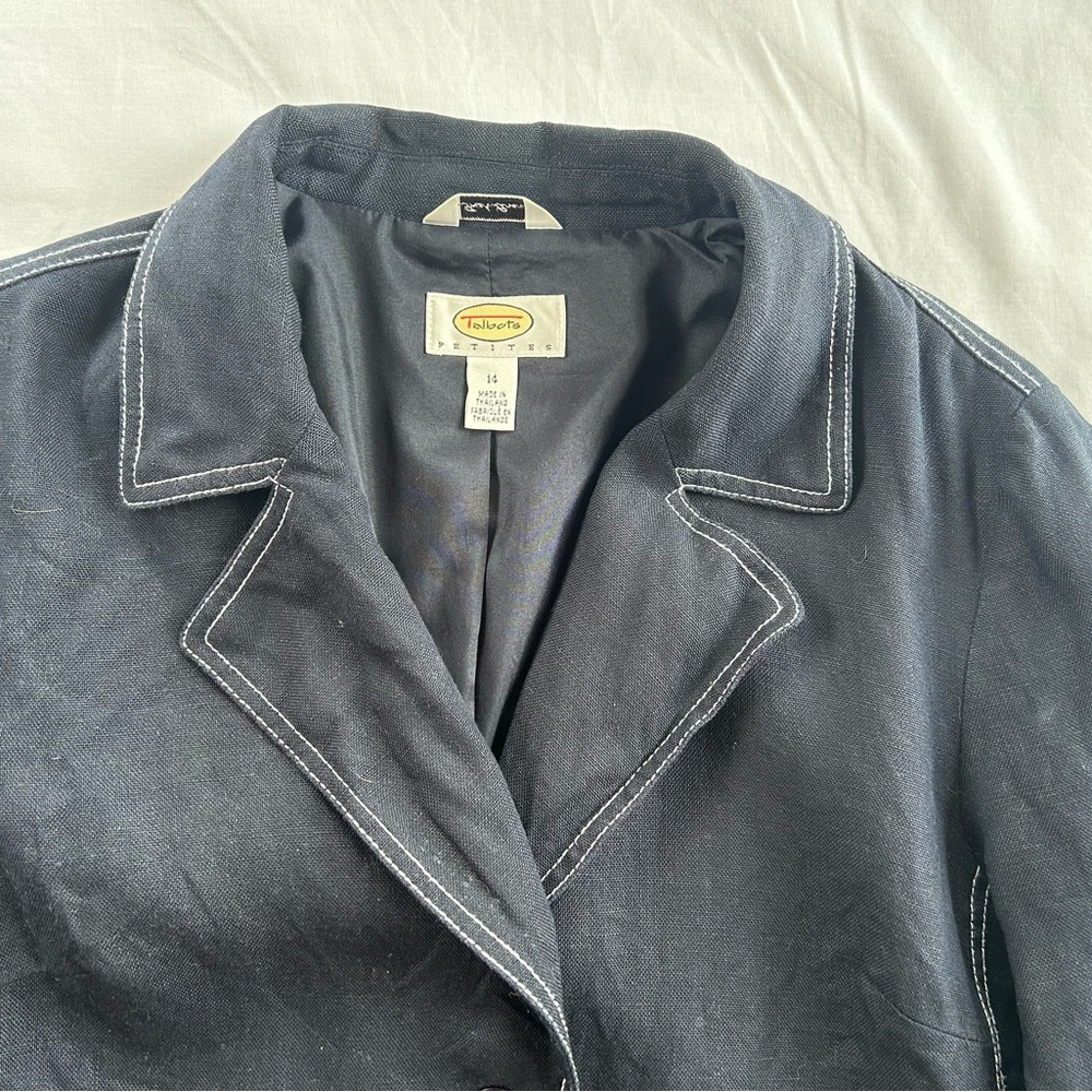 Talbots Petites Irish Linen Blazer - Navy Blue, Size 14 Office, Preppy - Picture 2 of 9